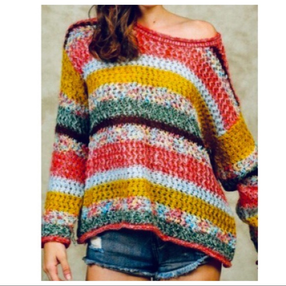 MULTI COLOR BLOCK STRIPED BOHO CHIC SWEATER - Picture 4 of 8